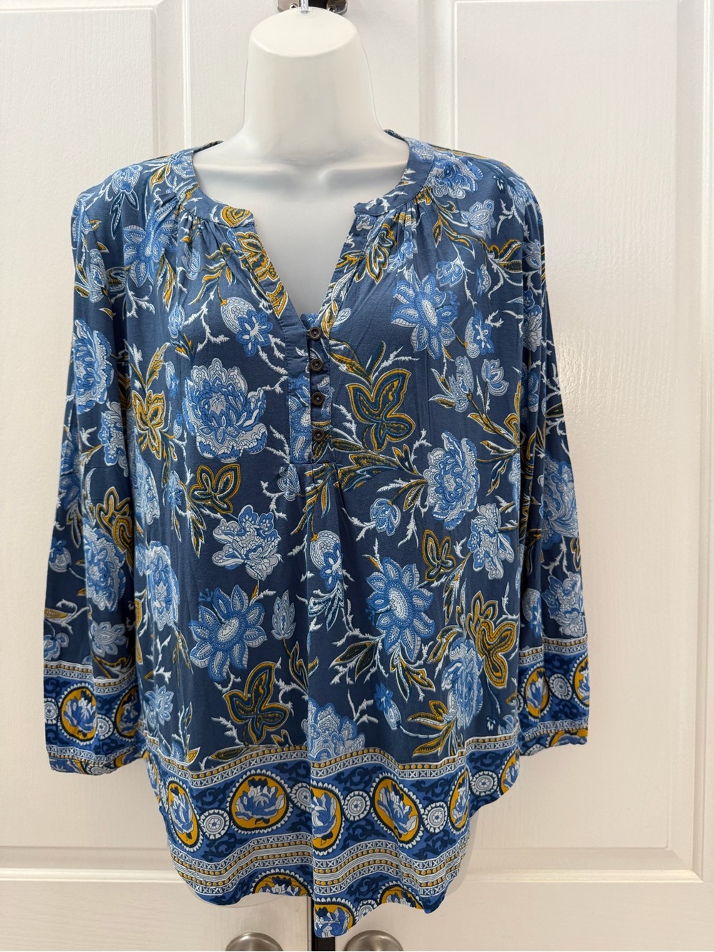 Lucky Brand Blue Floral Button-Front Peasant Top Sz S